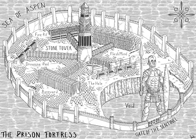 The prison fortress black and white detailing digital fantasy fantasy map illustration island lineart map map design mapping medieval fantasy monochrome terrain