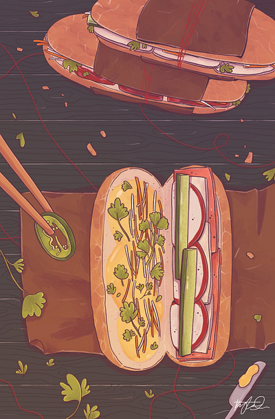 Banh mi + Shrimp poboy for "Comfort Foods" charity zine design illustration zine