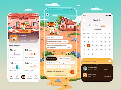 Medical Assistant Mobile App 🩺 analytics app appointment calendar chatbot design graphic design green health illustration medical assistant mobile monitor orange orely playful reminder schedule tiger ui