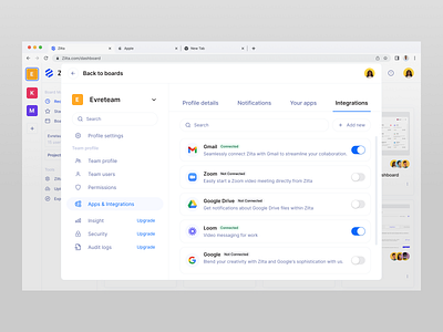 Zilta - Integration alert boards cansaas comment component dashboard design inbox integration interface management app modal pop up project saas settings task task managrment ui ux