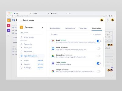 Zilta - Integration alert boards cansaas comment component dashboard design inbox integration interface management app modal pop up project saas settings task task managrment ui ux