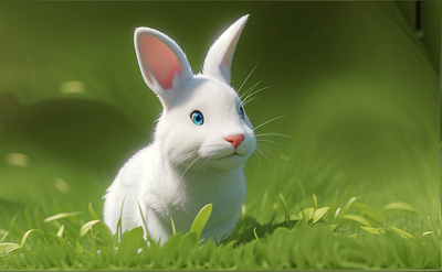 photo funny little white rabbit on spring green grass 3d branding graphic design motion graphics rabbit on spring green grass