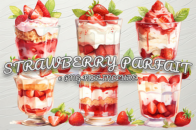 A set of Strawberry Parfait adorable cute drink food illustration parfait png strawberry tasty watercolor