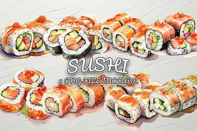 A set of Sushi Foods adorable cute drink food illustration png sushi tasty watercolor