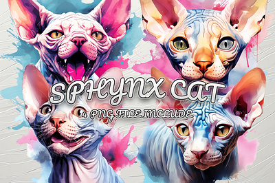 A set of Sphynx Cat adorable animal cat colorful cute illustration png watercolor