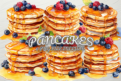 A set of Pancakes adorable cute food fruits illustration pancakes png sweet tasty watercolor