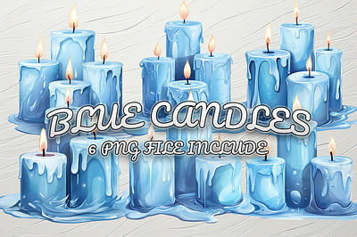 A set of Blue Candles adorable blue burn candle cute flame illustration png watercolor