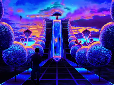 ‧⁺ ˚°⊹ 🌳 ⊹°˚ ⁺‧ architecture boy dreamscape garden gay gradients graphic design illustration landscape paradise photoshop plants queer rainbow retro retrowave sanctuary synthwave temple vaporwave