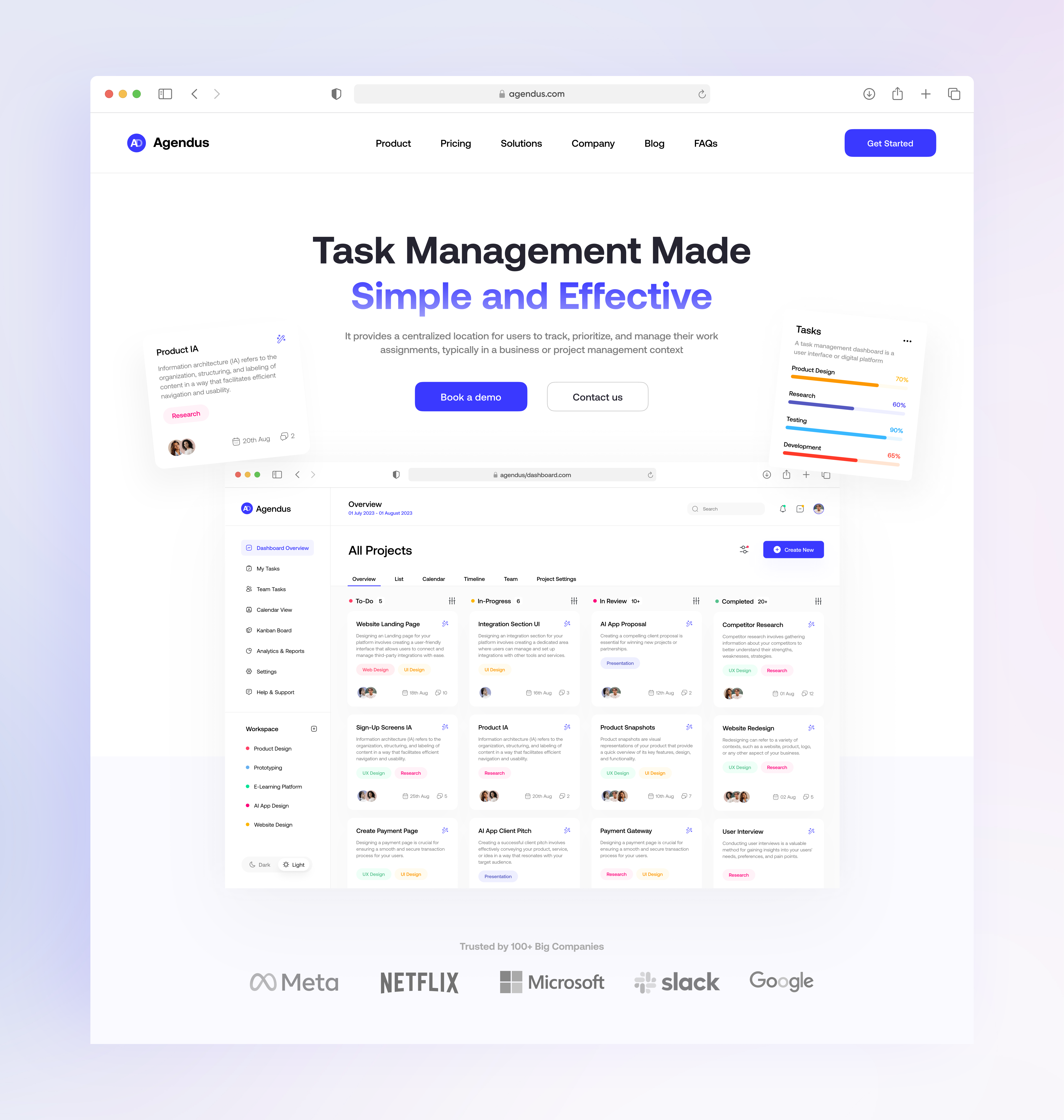Agendus - Task Management Dashboard Website UI Concept👩🏻‍💻🙌 3d analytics animation dashboard dashboard ui figma graphic design landing page motion graphics productivity project management task management task manager ui uidesign uiux ux website design website ui