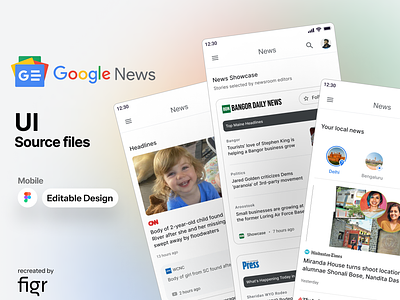 Google News Mobile UI (Redesigned) ads android articles blog entertainment figma google ios kit mobile app news outlets page politics promote reports search sports ui ux user experience