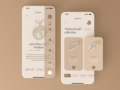 Jewelry Store Mobile App beige crystal diamond ecommerce jewelry jewelry store luxury mobile mobile app online shop product screen ring shopping store ui ux