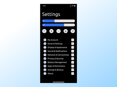 DailyUI 007 - Settings app appdesign blue clean daily ui 007 settings dailyui dailyui 007 dark design design minimal quicksettings settings system settings ui