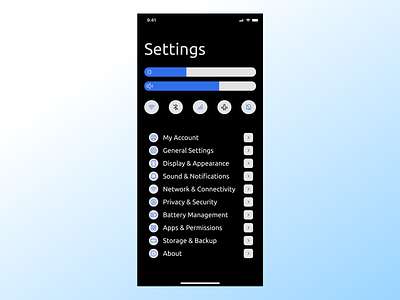 DailyUI 007 - Settings app appdesign blue clean daily ui 007 settings dailyui dailyui 007 dark design design minimal quicksettings settings system settings ui