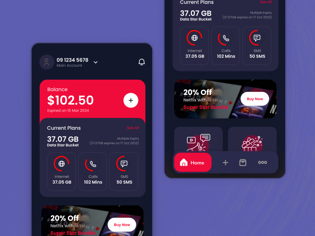 Mobile Operator App Home Page UI Screen | Dark theme app application dark theme design inspiration mobile myanmar operator redesign ui ux