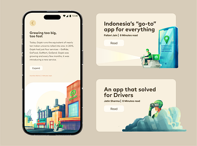 Article Cards article illustration blogs branding card design card illustration case study delivery app design digital illustration driver app editorial gojek graphic design illustration mobile app ui