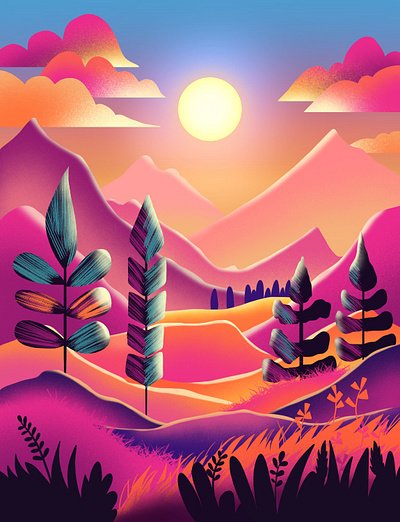 Colorful stylized sunset view 2d design graphic design illustration procreate storybook stylized sunset view i