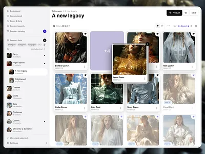 Product list builder - Drag & Drop catalog design e commerce fashion merchandising online product retail store ui