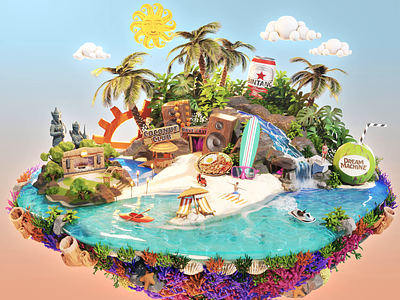 Dream Machine Island 3d 3d beach 3d island animation blender blender 3d blender3d branding design digital art festival artwork floating island graphic design illustration motion graphics music festival artwork tropical festival tropical floating 3d island tropical floating island tropical island