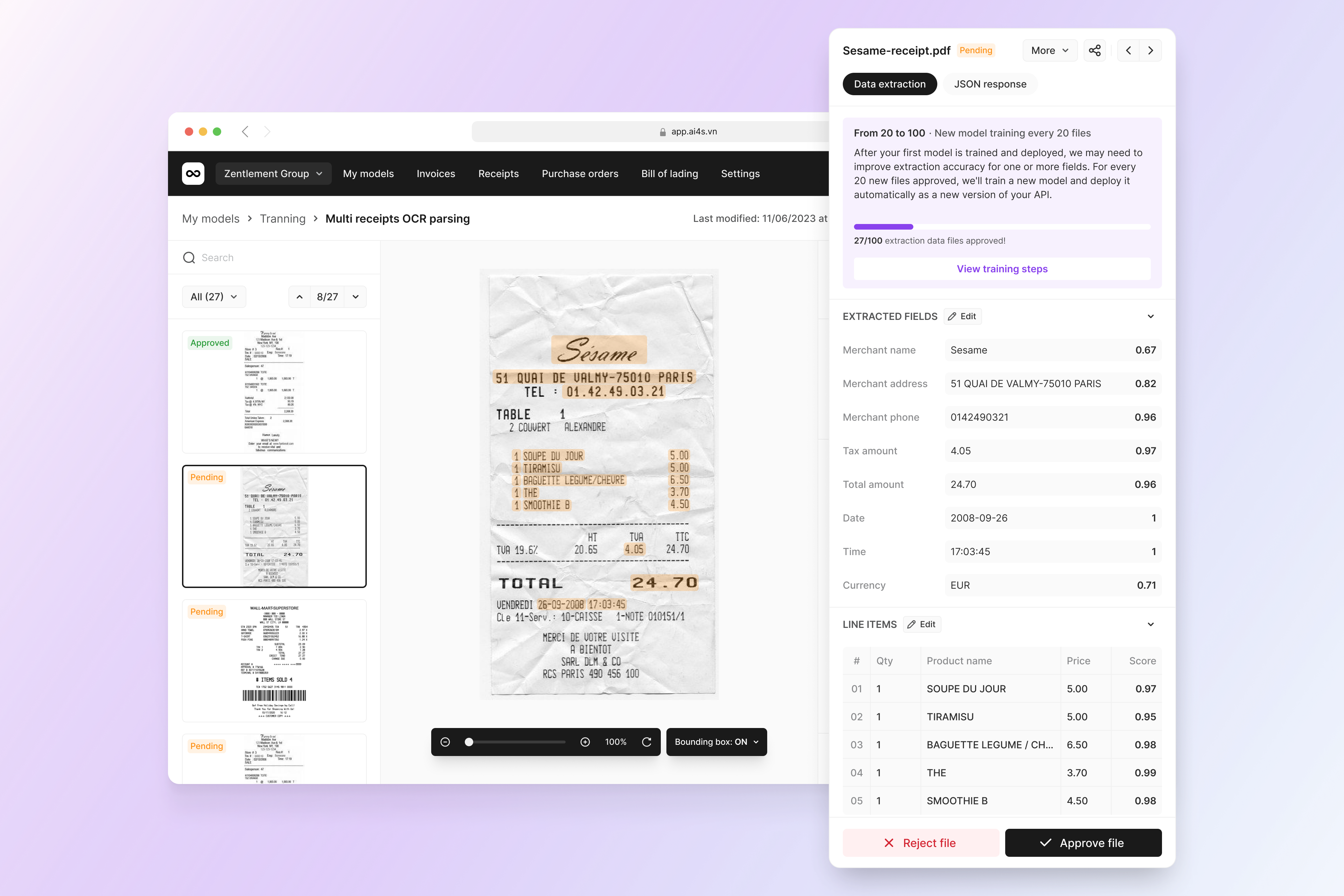 AI4S: Receipt OCR artificial intelligence automation bill dashboard dialog drawer invoices modal orc parsing popover progress bar purchase receipts saas sidebar ui upload ux web design