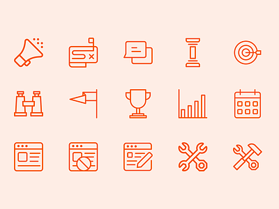 DemandJump Icon Set bar chart binoculars blog bullseye calendar flag hammer icon icon set illustration map megaphone message bubble pillar saas trophy ui wrench writing