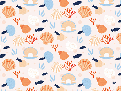 Shell adobe illustrator beige blue digital art illustration nature nature art orange pattern pattern design sea lover vector art