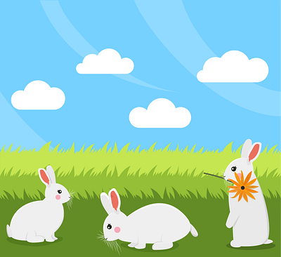 Some cute bunnies! adorable animal art bunny clouds cute digital art digital illustration flower grass herbivore illustration kawaii nature rabbit summer vector vector art vector illustration