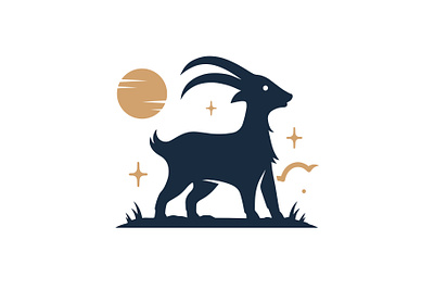 Mountain Goat Landscape Logo (logo for sale) brand identity branding capricorn creative design goat horns ibex logo logo design logo for sale logotype mountain ram stars sun vector wild animal zodiac