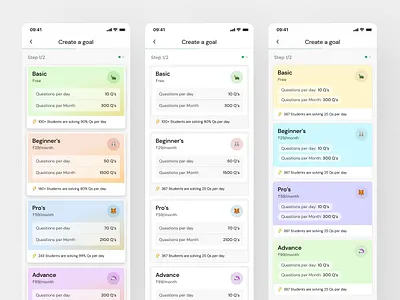 Learning goal cards mobile UI🎯 bio cards content cards edtech education exam goals gradients mobile neet preparation product design study ui ux