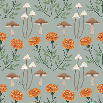 Woodland Hike Forager Surface Pattern autumn botanical botanical illustration fall floral flower flowers illustration marigold marigolds mushroom mushrooms surface pattern surface pattern design