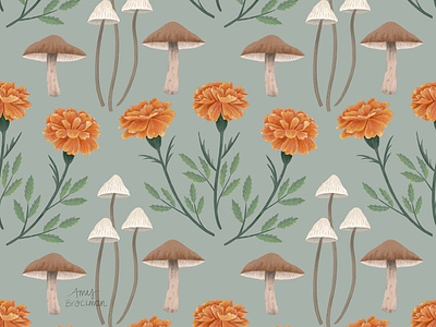 Woodland Hike Forager Surface Pattern autumn botanical botanical illustration fall floral flower flowers illustration marigold marigolds mushroom mushrooms surface pattern surface pattern design