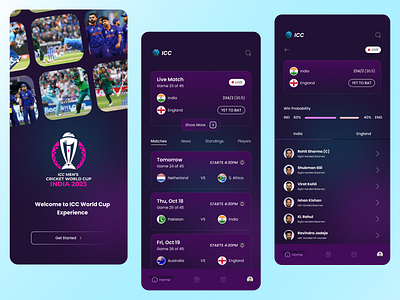 ICC WORLD CUP EXPERIENCE Get Started!!!! adobe xd figma graphic design prototrype ui wireframe