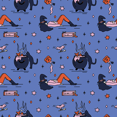 Spell Spent black cat pattern digital illustration illustration pattern design repeating pattern spooky spooky pattern surface pattern witch pattern