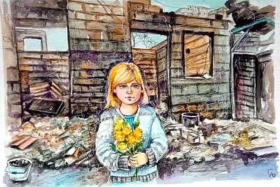 War in Ukraine, Kids, Original Contemporary painting, Ukrainian baby child hand painted handmade kids paint painting ukraine ukrainian girl art war