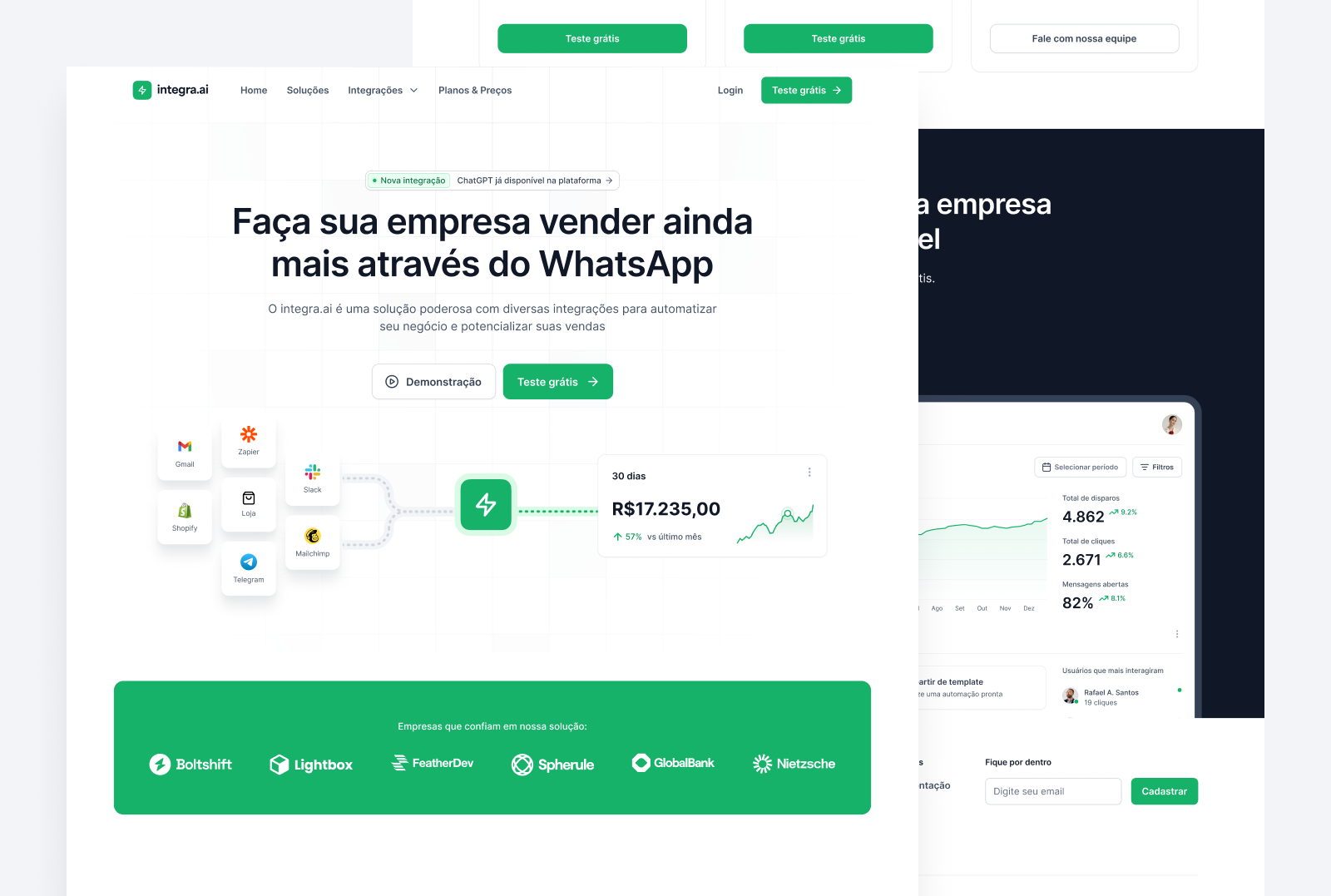 integra.ai - Startup landing page api automation dashboard design system figma green integration landing page page design startup ui ui design ux ux design web design whatsapp