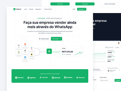 integra.ai - Startup landing page api automation dashboard design system figma green integration landing page page design startup ui ui design ux ux design web design whatsapp