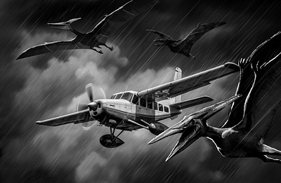 Carrie and Jack in a Cessna plane being attacked by pterodactyls ai air book cover cessna clouds graphic design illustration midjourney plane procreate pterodactyl storm thunder