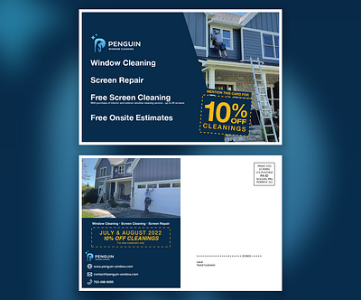 Penguin Window Cleaning EDDM Postcard blue design direct mail eddm every door direct mailing graphic design penguin print small business targeted advertising window cleaning
