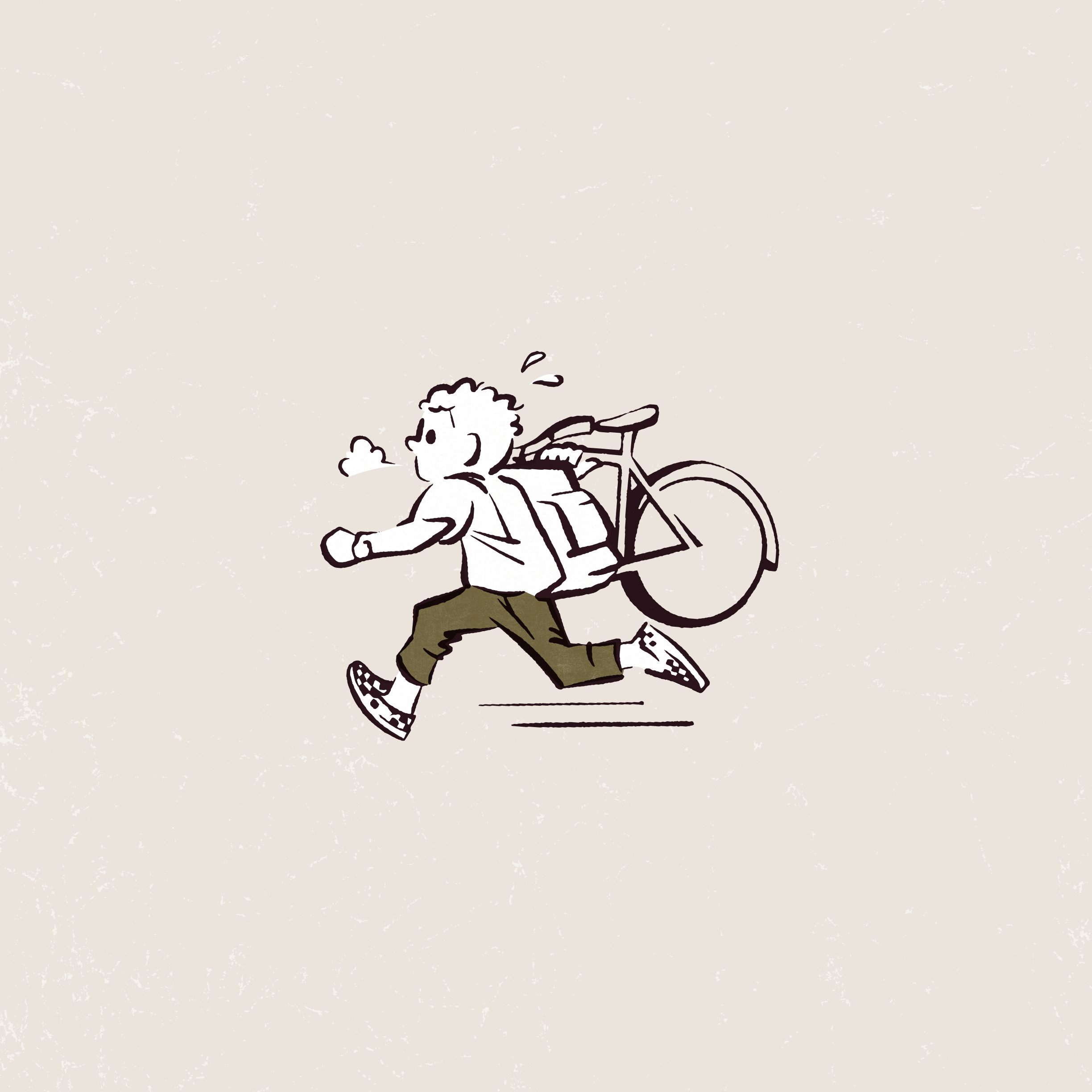 Running Late (Self Portrait) bike cartoon commuter curly hair cyclist doodle felt illustration olive green procreate running slipons tan vans