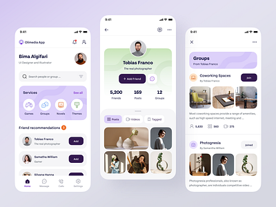 Message and Calls Social Media App branding call clean feed games gradient group layout media message modern profile service settings social theme timeline ui ui design ux