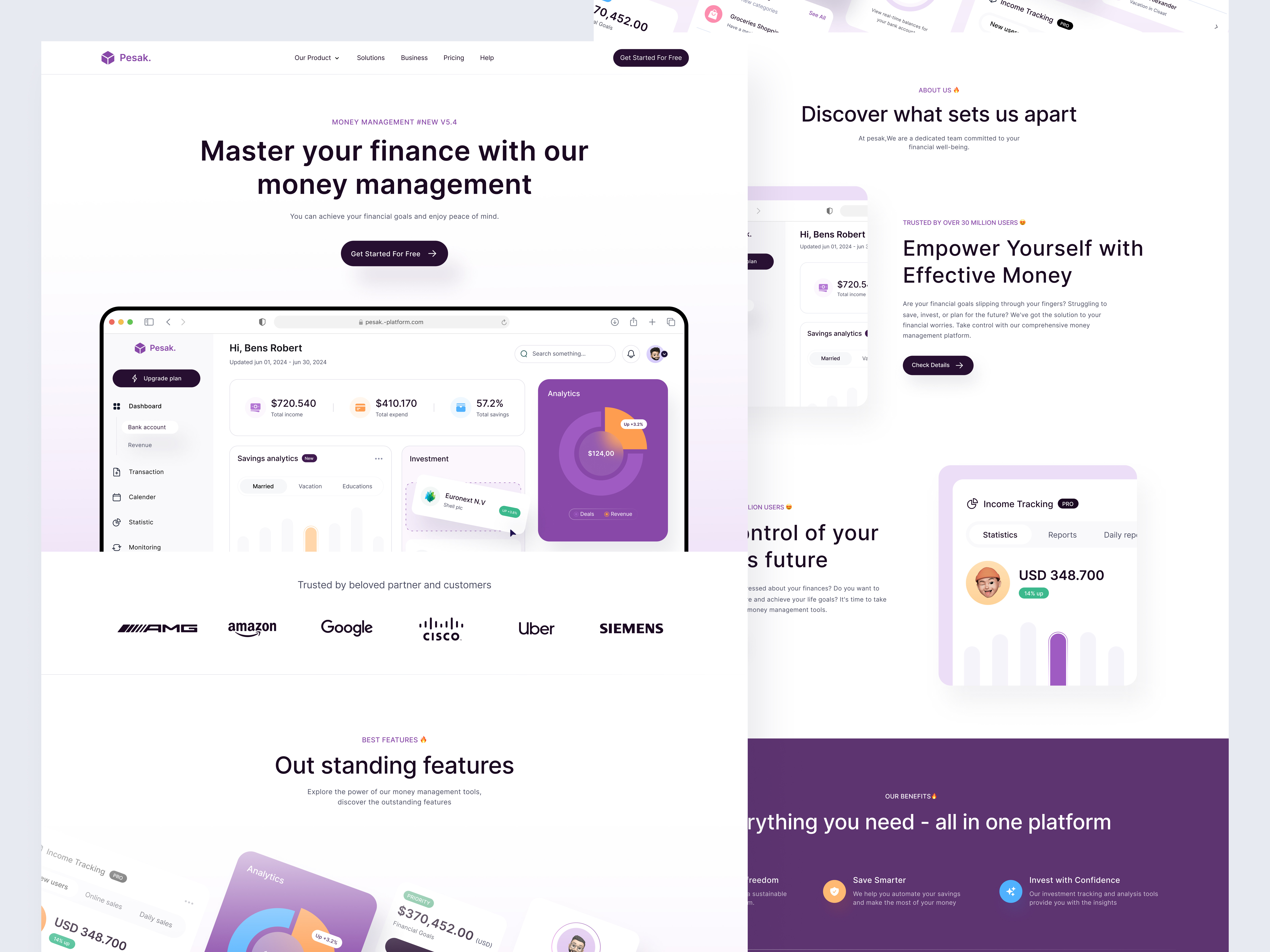 Pesak: Money Management Landing Page Design 🚀💰 bank budgeting design dribbble expends finance financial freedom hub income investment landing page money management money mastery landingpage savings smart money ui uiux user experience user interface ux website