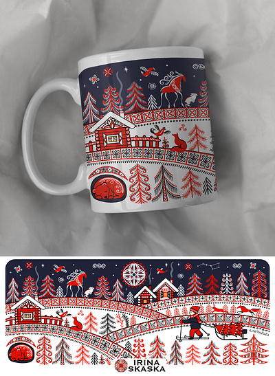 Winter mug with Mezen motifs. christmas folk art folklore illustration mezen mug winter