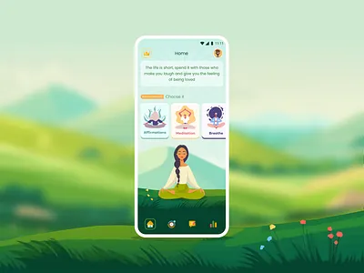 Meditation application UI design breathe clean flower girl grass green life meditation mountain nature relax sky trend yoga