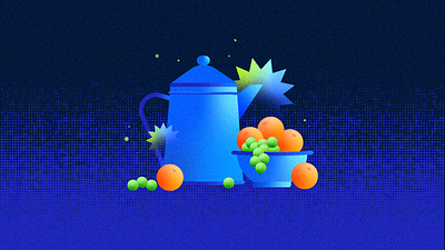 Still life illustration adobe illustration blue flowers fruits graphic design green illustration mug oranges still life illustration stilllife vector