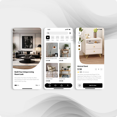 Minimal Furniture App UI application black theme branding design furniture minimal design mobile mobile design mobile screen onboarding screen ui uiux ux wireframe