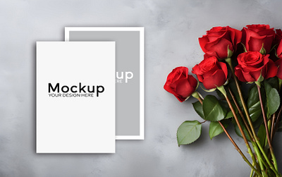 Wedding Card Mockup PSD. a4 background branding card copyspace dark flower front graphic design gray mockup placed presentation psd red rose side space table wedding