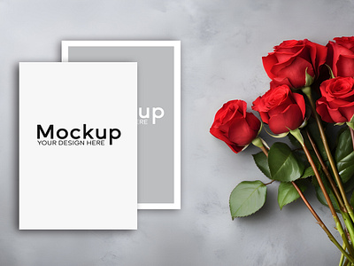 Wedding Card Mockup PSD. a4 background branding card copyspace dark flower front graphic design gray mockup placed presentation psd red rose side space table wedding