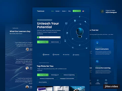 Online Learning Platform animation blue cards design e learning education features hero section home landing learn learning page platform section testimonials ui web website white