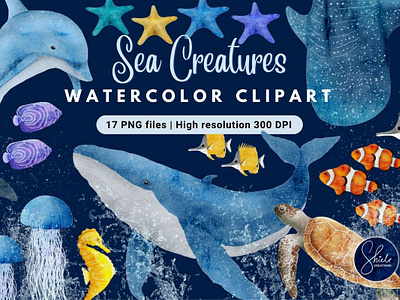 Sea Creatures - Watercolor Clipart cliparts colorful sea animals design assets digital art digital illustration digital product listing dolphin watercolor clipart merch ideas ocean creatures ocean life png graphics sea animals sea animals clipart sea creatures sea fish watercolor png sea life under the sea animals watercolor painting watercolor png graphics whale watercolor illustration