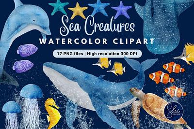 Sea Creatures - Watercolor Clipart cliparts colorful sea animals design assets digital art digital illustration digital product listing dolphin watercolor clipart merch ideas ocean creatures ocean life png graphics sea animals sea animals clipart sea creatures sea fish watercolor png sea life under the sea animals watercolor painting watercolor png graphics whale watercolor illustration