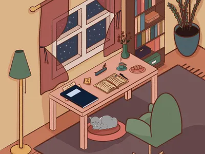 Cosy room in brown tones 2d brown cat design graphic design illustration procreate room storybook study room stylized